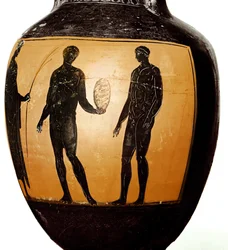 Panathenäische Amphore, die einen Athleten zeigt, der eine Trophäe erhält, 580-520 v. Chr.